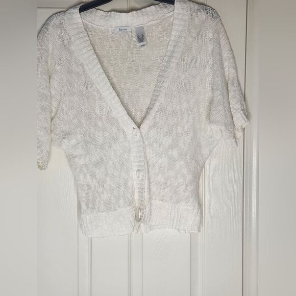 Liz&Co XL White LINEN Blend Knit Dolman Shrtslv Buttons Up Women’s Cardigan - Picture 5 of 12